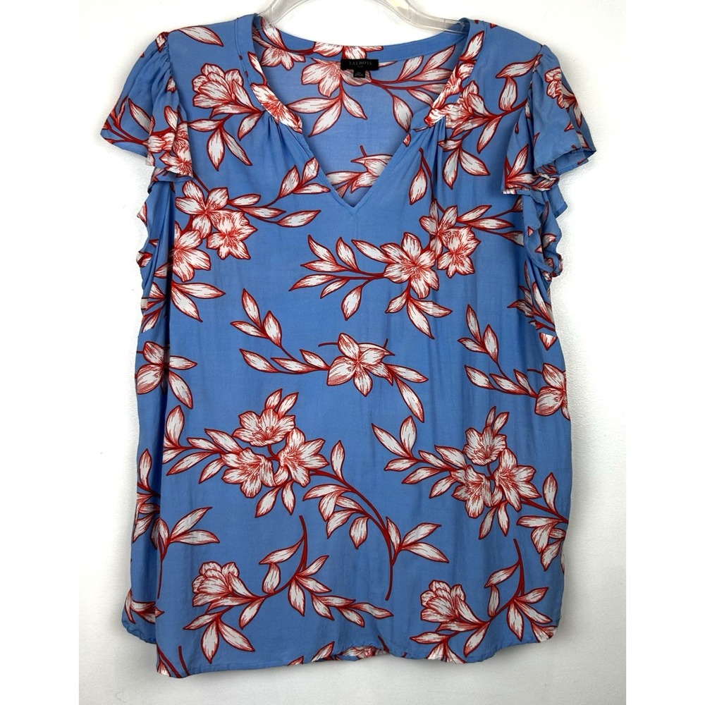 Talbots Top Womens XL Blue Floral Tropical Light Summer Tunic Floral Vaca  Read